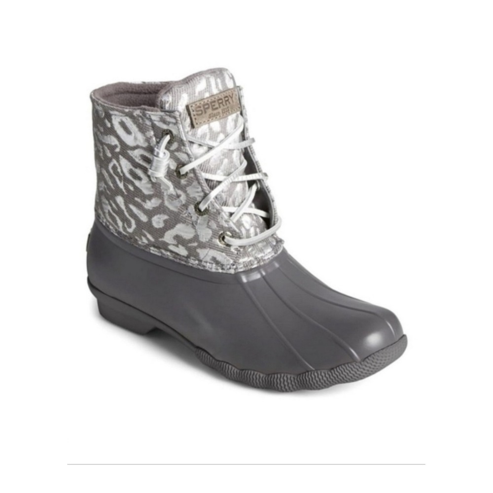 Sperry Saltwater Duck Boots Grey Silver Metallic Leopard Print Women Rain Snow 9